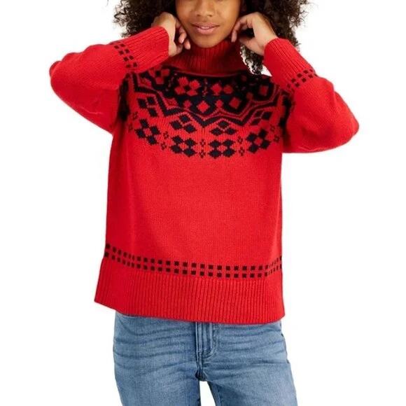[Tommy Hilfiger] Red Black Fair Isle Nordic Print Chunky Turtleneck Sweater XL - Picture 12 of 12